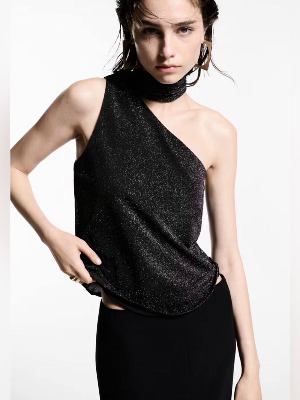 Mango ASYMMETRICAL LUREX Shimmer One-Shoulder Black Top size L